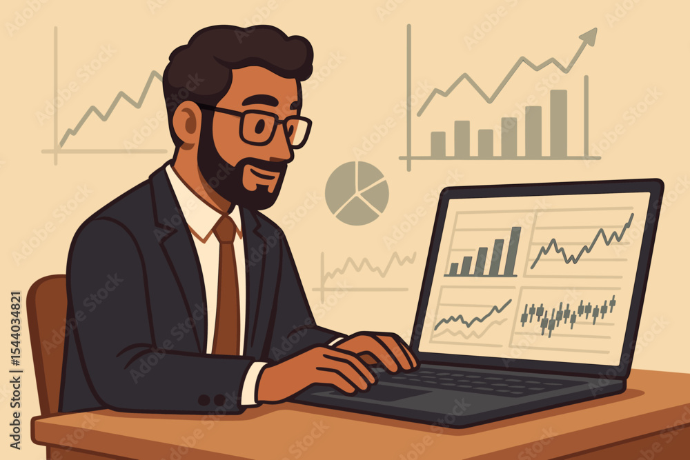Businessman analyzing financial data, stock market graphs, and investment charts on laptop. Office analytics, finance report, economic strategy, digital statistics. Vector illustration concept Businessman analyzing financial data, stock market graphs, and investment charts on laptop. Office analytics, finance report, economic strategy, digital statistics. Vector illustration concept
