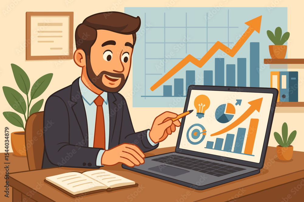 Businessman Analyzing Growth Strategy with Laptop Charts. Office Workspace with Graph, Data, Pie Chart, Bar Graph, Financial Planning, Target, Innovation, Success, Vector Cartoon Illustration Businessman Analyzing Growth Strategy with Laptop Charts. Office Workspace with Graph, Data, Pie Chart, Bar Graph, Financial Planning, Target, Innovation, Success, Vector Cartoon Illustration