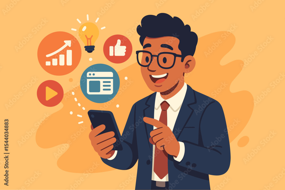 Businessman Using Smartphone for Creative Digital Marketing, Mobile Technology Innovation, Social Media Analytics, Online Promotion, Modern Entrepreneur Concept Vector Illustration Businessman Using Smartphone for Creative Digital Marketing, Mobile Technology Innovation, Social Media Analytics, Online Promotion, Modern Entrepreneur Concept Vector Illustration
