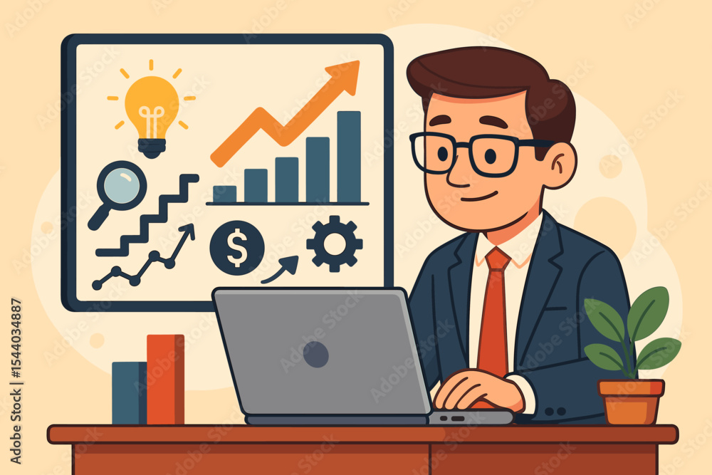 Businessman analyzing data and planning growth strategy on laptop. Vector illustration with chart, ideas, graph, dollar symbol, magnifying glass, teamwork, office, financial success concept Businessman analyzing data and planning growth strategy on laptop. Vector illustration with chart, ideas, graph, dollar symbol, magnifying glass, teamwork, office, financial success concept