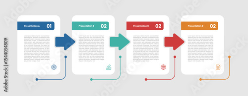 4 stage infographic diagram with round box table with arrow on right direction with 4 step for slide presentation