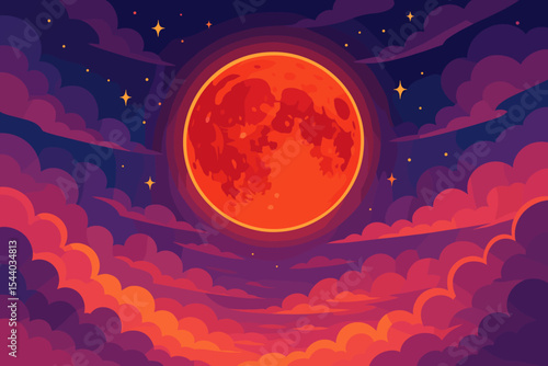 Vibrant Blood Moon Vector Illustration, Red Full Moon Night Sky, Glowing Celestial Lunar Eclipse, Colorful Clouds, Stars, Dreamy Atmospheric Landscape, Cosmic Astronomy Fantasy Art