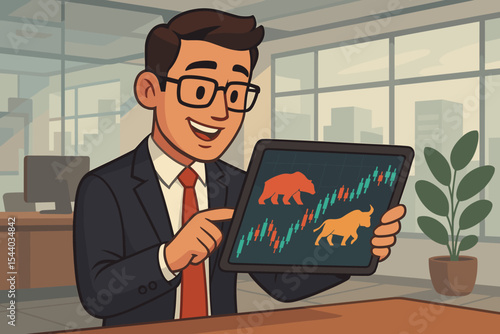 Businessman analyzing stock market trends on digital tablet with bull and bear symbols, candlestick chart, financial growth concept in modern corporate office, vector cartoon illustration