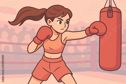 Female boxer athlete training with punching bag in pastel boxing gym. Cartoon illustration of woman in sports outfit, red gloves, exercising, fitness, self-defense, active lifestyle, sport concept
