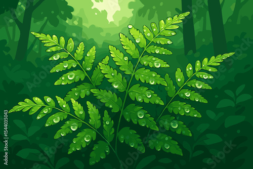 Lush green fern leaves with fresh rain droplets, vibrant jungle forest background, tropical foliage, morning dew, refreshing nature scene, detailed botanical vector illustration
