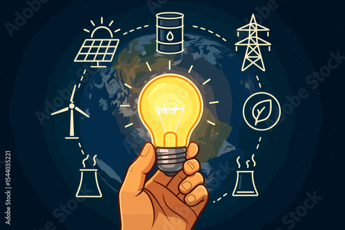 Hand Holding Glowing Light Bulb with Renewable and Nonrenewable Energy Source Icons, Earth Map Background, Sustainable Global Power Generation, Clean Technology Concept, Vector Illustration