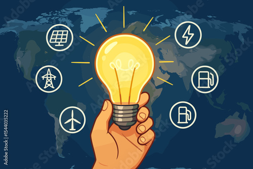 Hand Holding Glowing Light Bulb with Global Energy Sources Icons, Renewable and Nonrenewable Power Generation, Solar, Wind, Electricity, Oil, World Map Background, Sustainable Energy Concept Vector