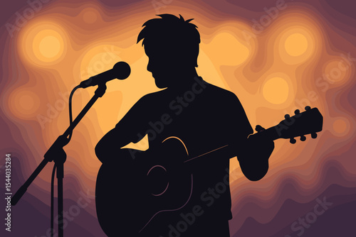 Silhouette of Guitarist Performing Live on Stage with Microphone, Acoustic Guitar, Bokeh Lights, Musical Ambiance, Concert Performance, Vector Illustration, Night Show, Entertainment Event