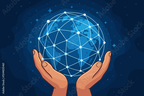 Hands holding glowing digital globe network. Global communication, internet connectivity. Safe planet, world unity, technology, data exchange. Futuristic cartoon vector, dark blue abstract background.