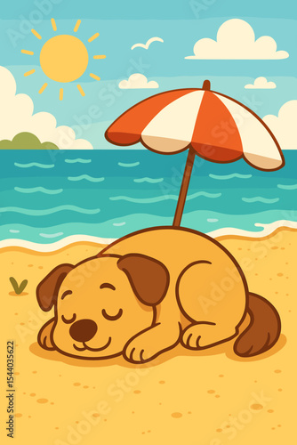 Cute dog sleeping on the beach. Adorable puppy character napping under an umbrella by the ocean. Summer vacation concept with a pet animal. Peaceful relax. Vector illustration.