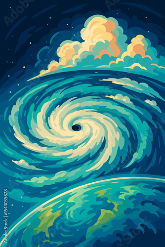 Hurricane storm from space vector illustration. Massive cyclone over planet Earth. Aerial satellite view of a powerful typhoon. Weather disaster, meteorology, climate change concept.