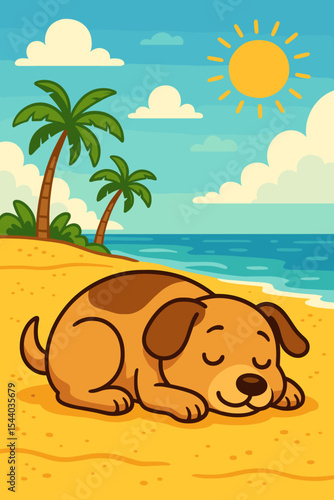 A cute cartoon dog sleeps peacefully on a sandy beach. Adorable puppy napping under the sun on a tropical island. Summer vacation and relaxation concept. Vector graphic illustration.