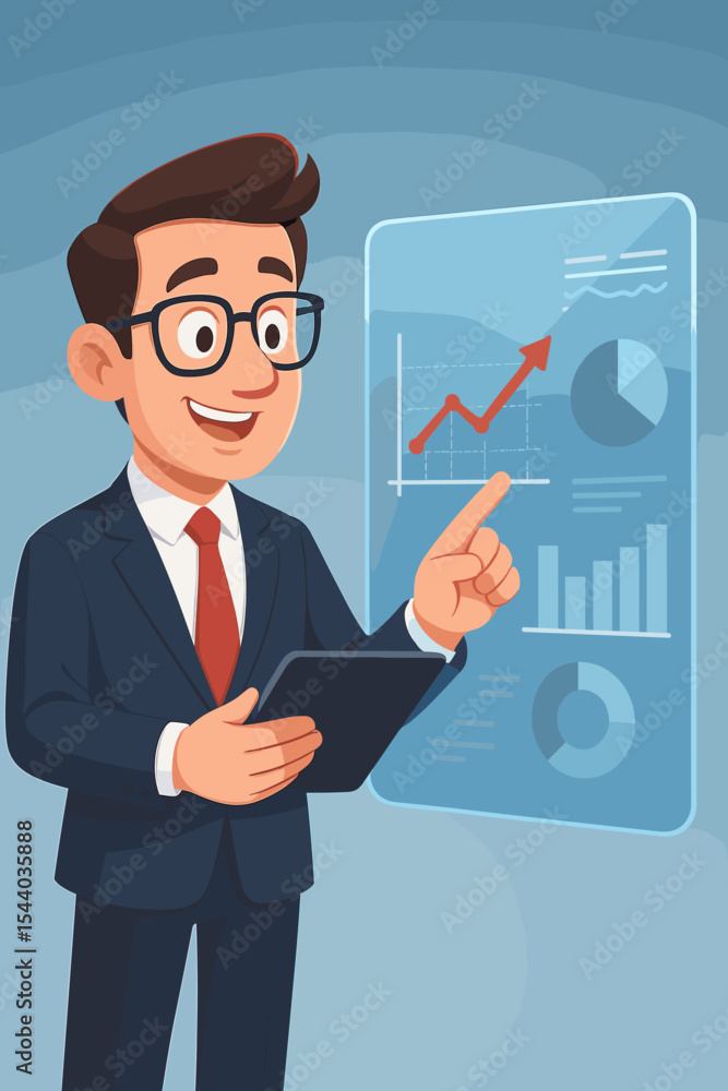 Cartoon businessman analyzing data on virtual screen. Manager character pointing at holographic interface with financial charts. Business analytics, market growth success concept. Cartoon businessman analyzing data on virtual screen. Manager character pointing at holographic interface with financial charts. Business analytics, market growth success concept.