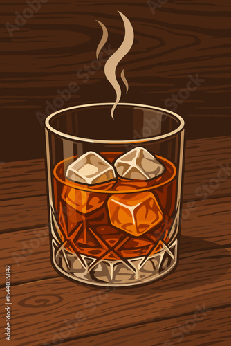 Aromatic whiskey or bourbon on the rocks served in a classic crystal tumbler. Retro cartoon vector illustration of an alcoholic spirit on a rustic wooden bar top. Drink concept.