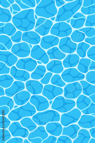 Seamless water pattern vector background. Blue swimming pool surface with sun glare and caustic ripples. Cartoon illustration for summer vacation, spa, relaxation and leisure design.