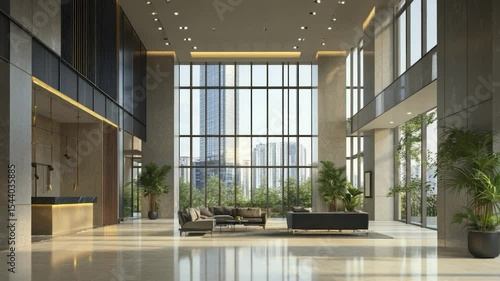 Modern luxury building lobby interior with city view, stylish furniture, and large windows.