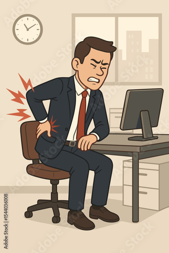 Businessman suffering from lower back pain at office desk. Employee with backache from sedentary work. Concept of office syndrome, poor posture, spinal injury. Health problem.