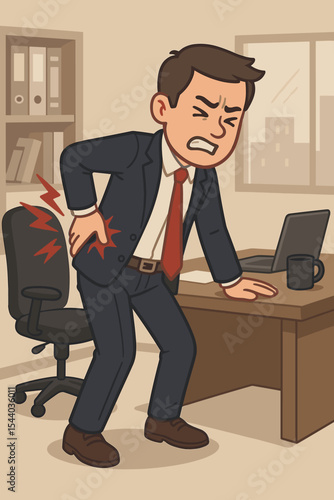 Office worker with severe back pain. Businessman suffering from backache, holding his lower back. Concept of office syndrome, health problems from sedentary job. Vector cartoon.