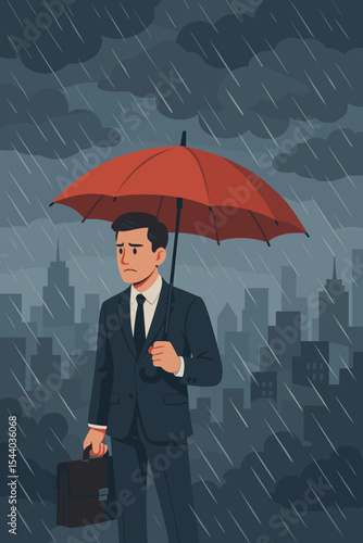 Sad businessman holding red umbrella under heavy rain in a stormy city. Business crisis concept, financial recession, insurance metaphor for protection, safety and risk management.