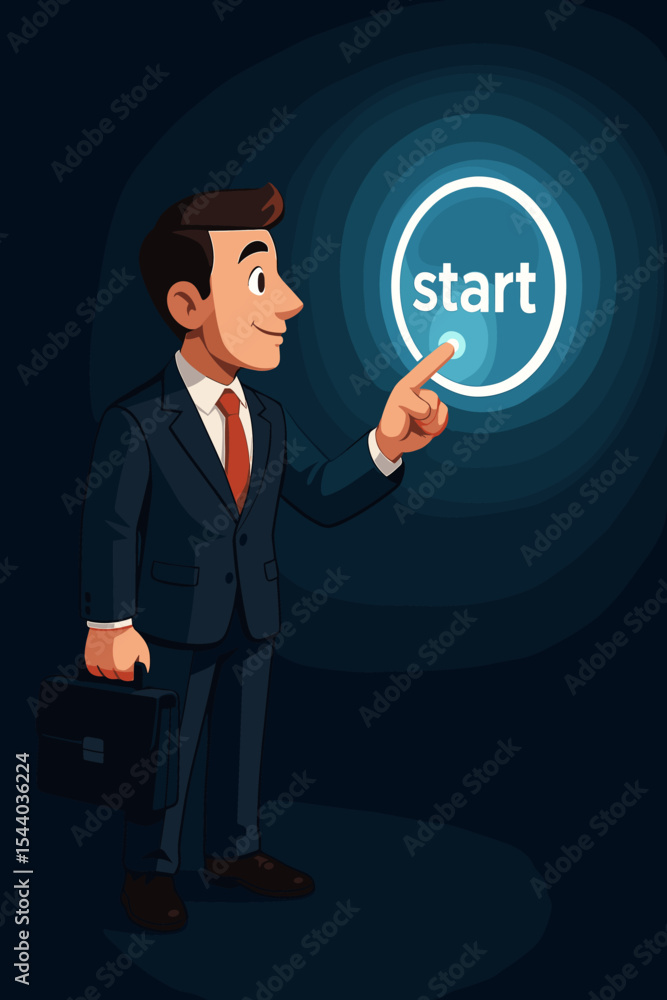 Businessman character pressing a virtual start button to launch a new business. Concept of new beginnings, career, opportunity, and future technology. Entrepreneur metaphor vector. Businessman character pressing a virtual start button to launch a new business. Concept of new beginnings, career, opportunity, and future technology. Entrepreneur metaphor vector.