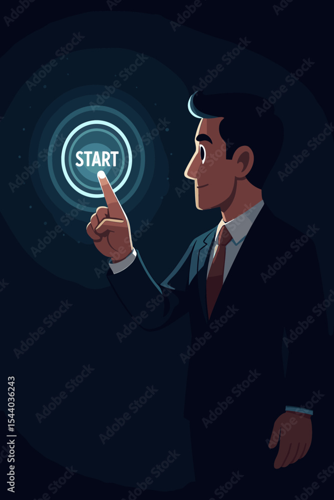 Businessman pressing glowing start button on virtual screen. Concept of new beginnings, project launch, future opportunities, business initiative, and modern technology. Vector. Businessman pressing glowing start button on virtual screen. Concept of new beginnings, project launch, future opportunities, business initiative, and modern technology. Vector.
