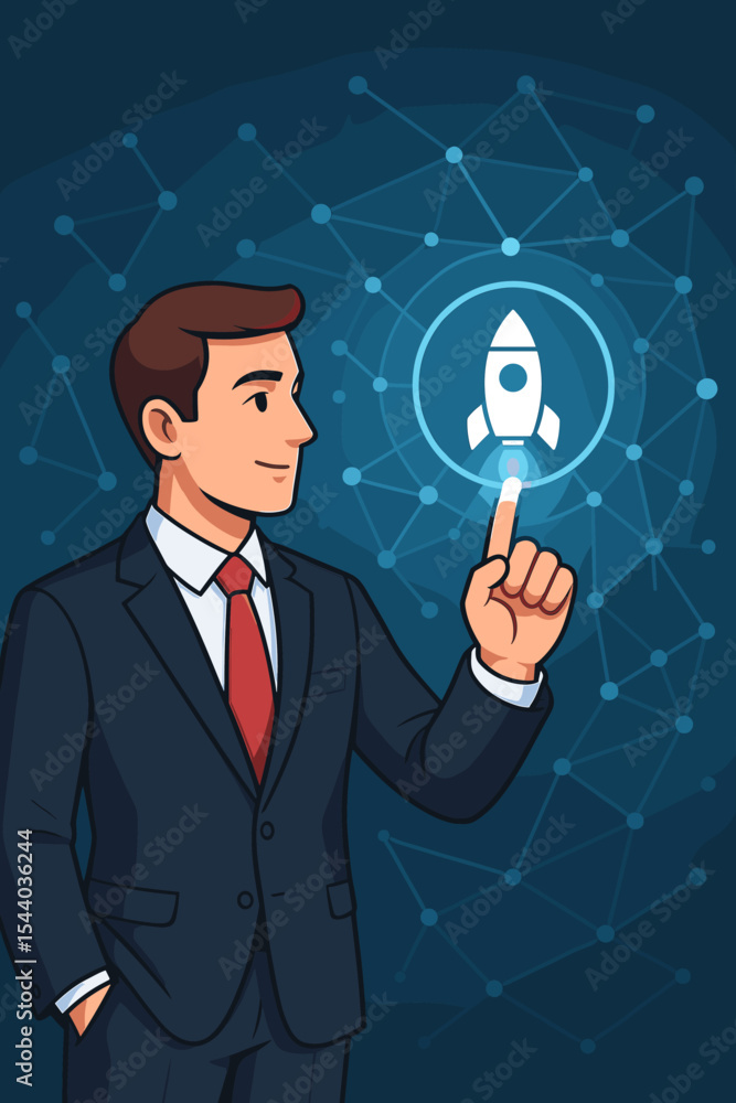 Businessman touching startup rocket icon on a virtual interface with network connections. Entrepreneurship, new business project launch, innovation, technology, and growth concept. Businessman touching startup rocket icon on a virtual interface with network connections. Entrepreneurship, new business project launch, innovation, technology, and growth concept.