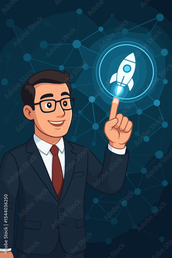Businessman launching a startup rocket. Entrepreneur touching a virtual screen with a business launch icon. Technology, innovation and success concept. Network connection vector. Businessman launching a startup rocket. Entrepreneur touching a virtual screen with a business launch icon. Technology, innovation and success concept. Network connection vector.