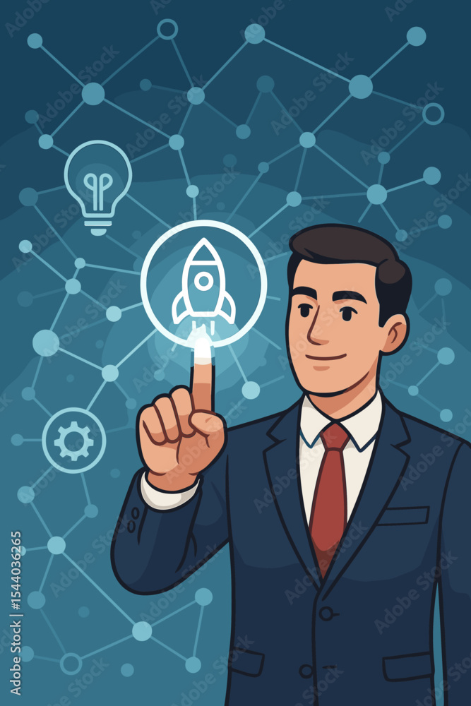 Businessman launching a startup. Man touching a rocket icon on a virtual interface with network connections. Business growth, innovation, and technology concept vector illustration. Businessman launching a startup. Man touching a rocket icon on a virtual interface with network connections. Business growth, innovation, and technology concept vector illustration.