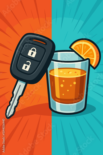 Don't drink and drive concept vector illustration. Car key and alcohol drink symbolizing the risk of drunk driving. Responsible choice for road safety campaign poster. Warning sign.