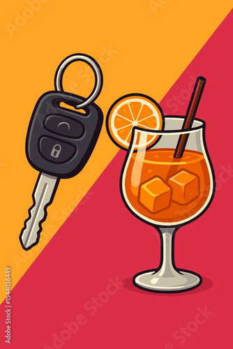 Don't drink and drive concept. Drunk driving danger warning. Car key and alcohol cocktail. Responsible choice for road safety. Social issue campaign. Sobriety symbol. DUI prevention vector.