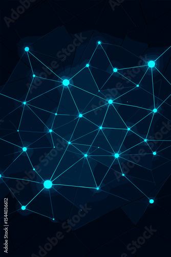 Dark futuristic background with glowing network connections. Abstract technology concept for big data, AI, cyberspace. Vector illustration of a neural network or blockchain structure.