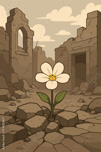 Hopeful white flower growing in desolate city ruins. A symbol of resilience, new life, and survival. Concept of rebirth, perseverance, strength, and growth after destruction.