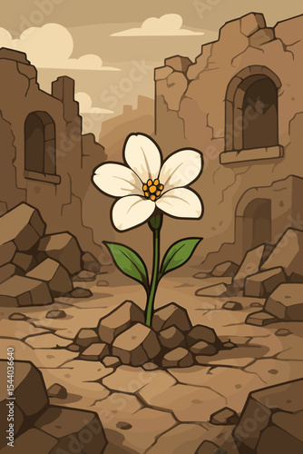 Concept of hope, resilience, and survival. A single white flower blooming in desolate city ruins. Metaphor for new life, strength, and rebirth after disaster or destruction. Vector.