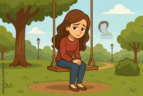 Sad woman sitting alone on park swing missing loved one, feeling loneliness, heartbreak, solitude and emotional pain, lost love, longing, depression, relationship breakup, cartoon vector illustration