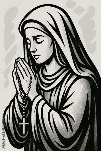 Pious woman praying with rosary beads, Virgin Mary icon. Christian, Catholic religious concept of faith, hope, and devotion. Sorrowful Madonna. Sacred black and white vector art.