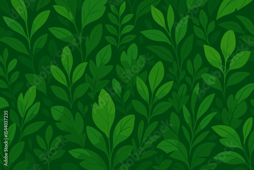 Lush green foliage seamless pattern. Dense leafy background. Botanical nature illustration. Cartoon plant leaves design. Fresh greenery wallpaper texture. Eco garden spring natural vector backdrop.