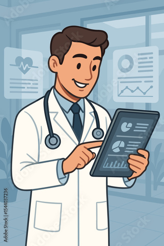 Male doctor with stethoscope analyzes medical data on a digital tablet. Modern healthcare technology concept with physician in hospital. E-health, telemedicine, EHR, cardiology.