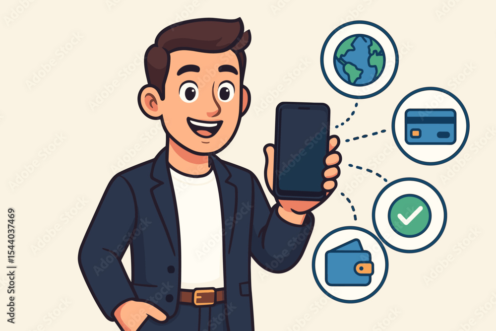 Businessman presenting smartphone with global digital payment icons, online banking, electronic wallet, credit card, secure transaction verification, fintech technology vector cartoon illustration Businessman presenting smartphone with global digital payment icons, online banking, electronic wallet, credit card, secure transaction verification, fintech technology vector cartoon illustration