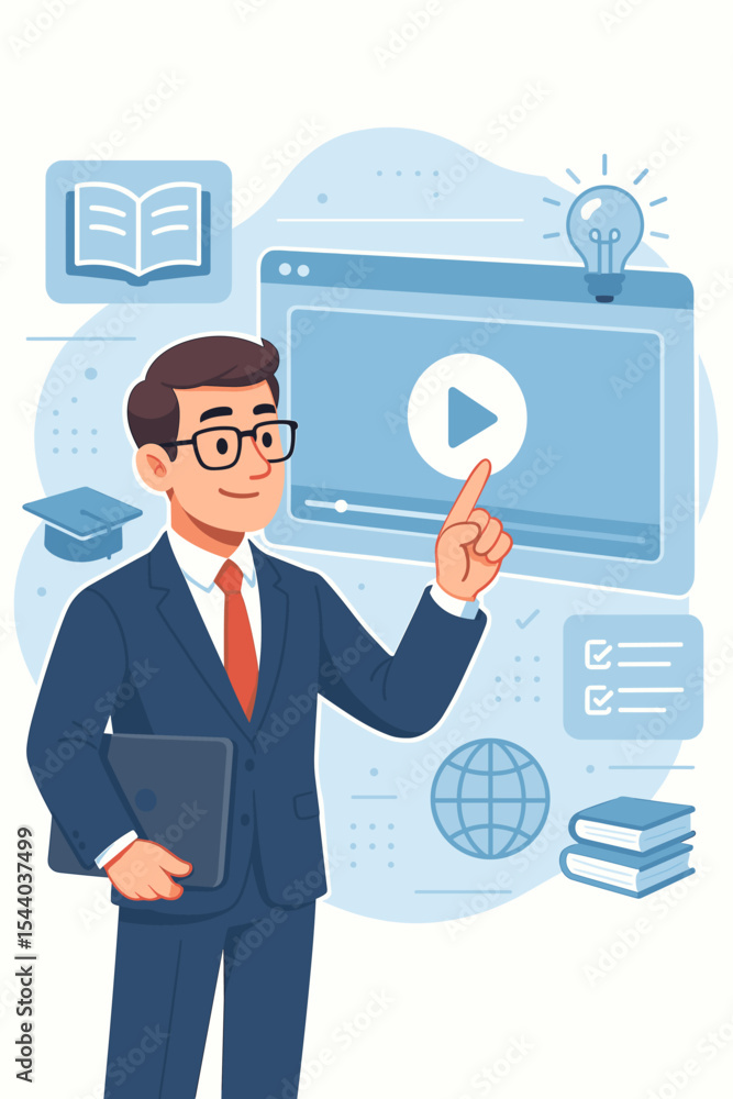 Online education and e-learning vector concept. Businessman or teacher presenting a virtual training course. Digital classroom with webinar, video tutorial and distance learning. Online education and e-learning vector concept. Businessman or teacher presenting a virtual training course. Digital classroom with webinar, video tutorial and distance learning.