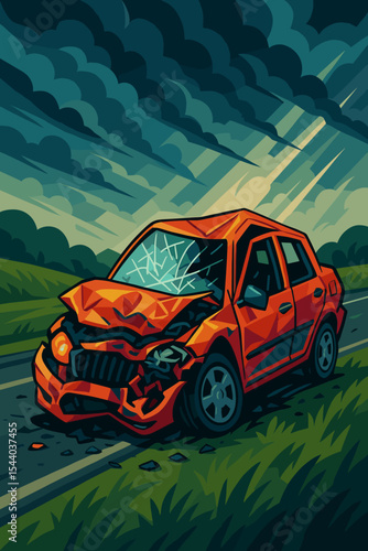 Car accident vector illustration. Dramatic scene of a crashed red vehicle on the roadside. Damaged auto with a smashed front and broken windshield. Traffic collision, insurance, danger concept.