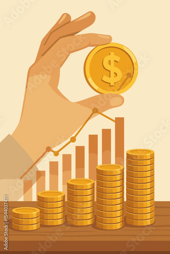 Financial growth concept. Double exposure with hand holding a dollar coin and a rising business graph. Stacks of gold coins symbolize investment, savings, wealth, and profit.