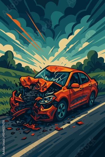 Car crash accident scene. Vector illustration of a wrecked automobile after a dramatic frontal collision. Damaged car with a smashed front on a roadside. Road safety and insurance.