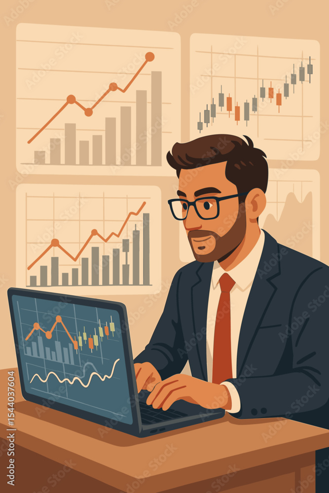 Financial analyst working on business data report. Man at computer with stock market charts. Investment, economy and trading concept. Professional broker analyzing growth graph. Financial analyst working on business data report. Man at computer with stock market charts. Investment, economy and trading concept. Professional broker analyzing growth graph.