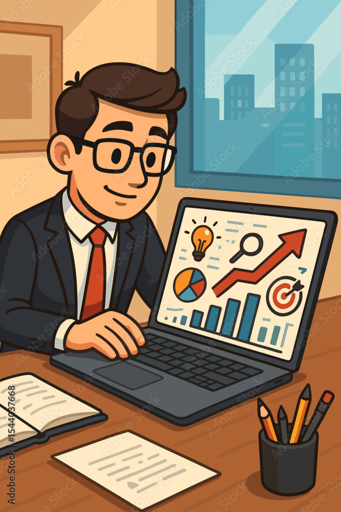 Businessman at office desk planning business growth strategy on a laptop. Entrepreneur analyzing financial data report, charts, and graphs for success. Cartoon vector concept illustration. Businessman at office desk planning business growth strategy on a laptop. Entrepreneur analyzing financial data report, charts, and graphs for success. Cartoon vector concept illustration.