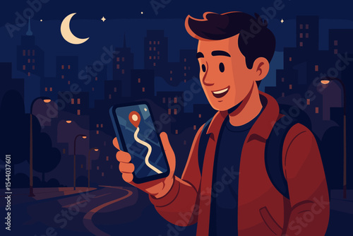 Urban night navigation concept. Young man with backpack using smartphone GPS app for city exploration and route guidance. Modern technology adventure in nocturnal metropolitan street scene vector