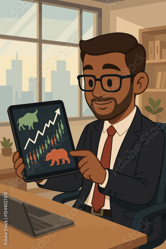 Businessman or investor analyzing stock market trends on a tablet. Vector illustration of a successful trader with a financial chart showing bull and bear symbols. Finance and investment concept.