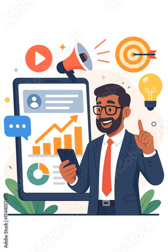 Digital marketing strategy concept. Businessman having an idea for business growth and promotion. Entrepreneur using mobile app for data analysis, social media marketing, and targeting. Vector.