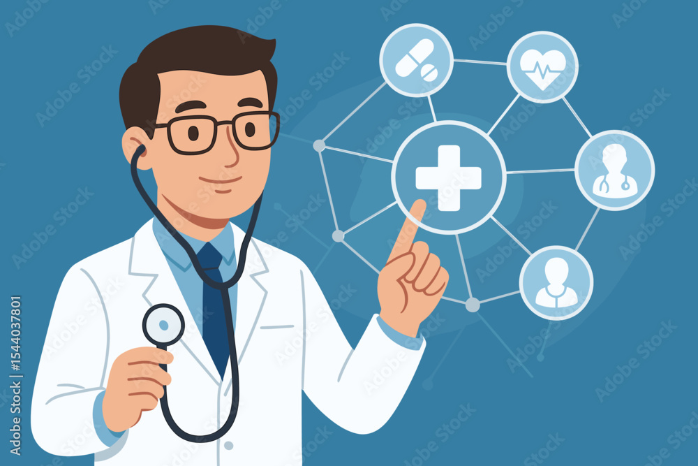 Healthcare technology concept with doctor holding stethoscope interacting with digital medical network icons, virtual health system, telemedicine, digital healthcare innovation vector illustration Healthcare technology concept with doctor holding stethoscope interacting with digital medical network icons, virtual health system, telemedicine, digital healthcare innovation vector illustration