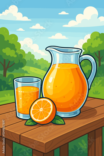Glass pitcher and glass of fresh orange juice on a wooden table in a summer park. Refreshing healthy organic drink for a picnic or breakfast. Natural citrus fruit vector illustration.
