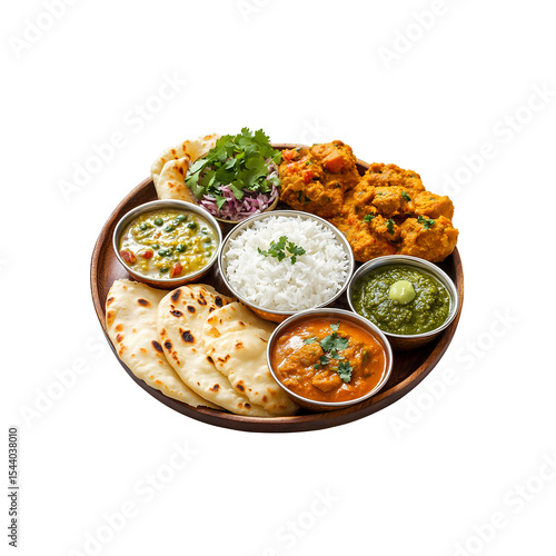 Delicious Indian Thali platter with rice naan bread curries and chutneys